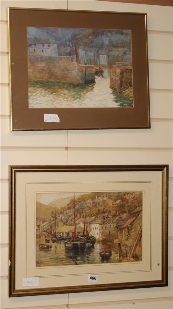 Two watercolours, Cornish harbour scenes, one signed A.B. Furneaux, the other indistinctly signed, largest 23 x 35.5cm